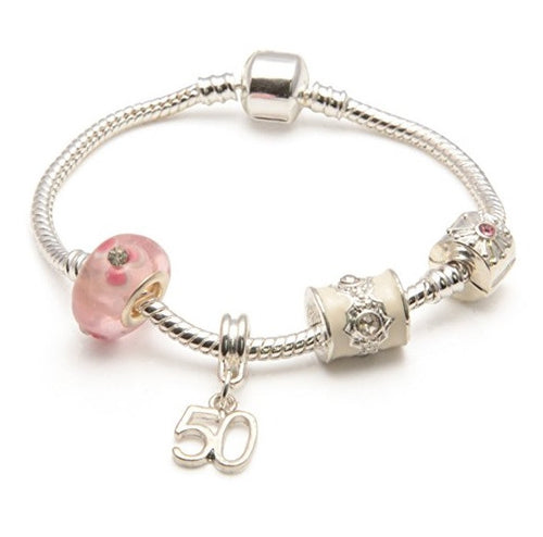 Age 50 'Pink Parfait' Silver Sparkle Charm Bead Bracelet