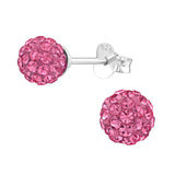 925 Sterling Silver Rose Pink - Pink Czech Crystal Disco Ball Stud Earrings