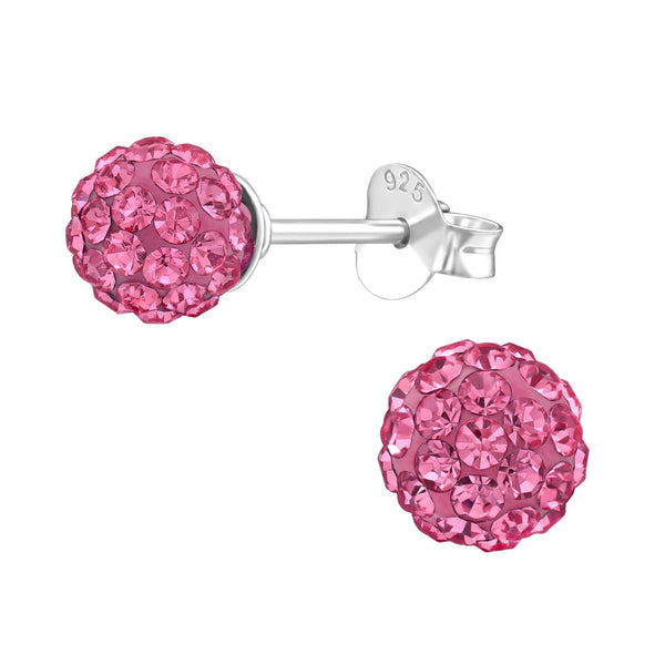 925 Sterling Silver Rose Pink - Pink Czech Crystal Disco Ball Stud Earrings