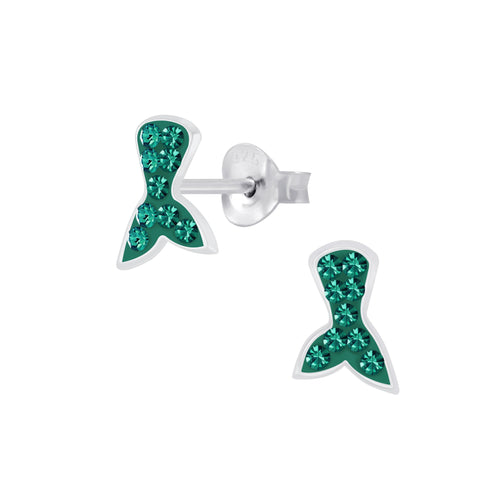 Children's Sterling Silver 'Emerald Green Sparkle Mermaid Tail' Stud Earrings
