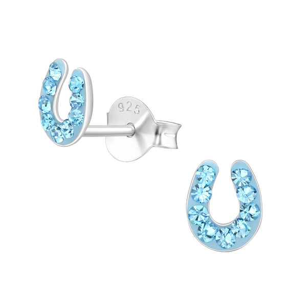 Children's Sterling Silver 'Blue Sparkle Horseshoe' Crystal Stud Earrings