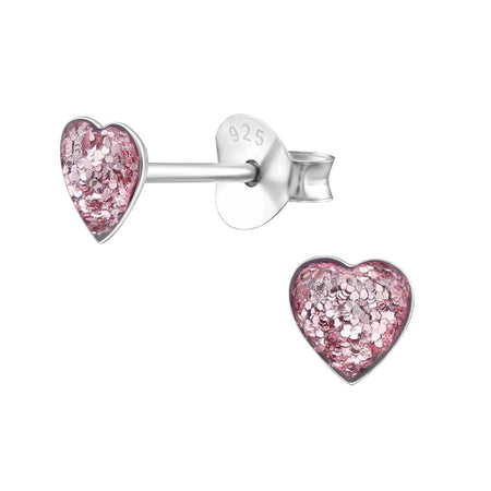 Children's Sterling Silver Red Glitter Heart Stud Earrings