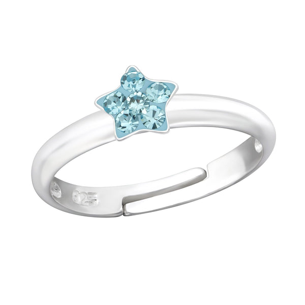 Children's Sterling Silver Adjustable Blue Diamante Star Ring