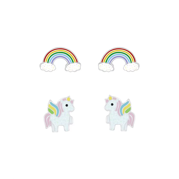 Children's Sterling Silver Set of 2 Pairs of Sparkle Unicorn and Rainbow Stud Earrings