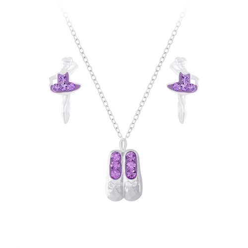 Children's Sterling Silver Purple Ballet Shoes Pendant Necklace and Purple Ballerina Stud Earrings Set