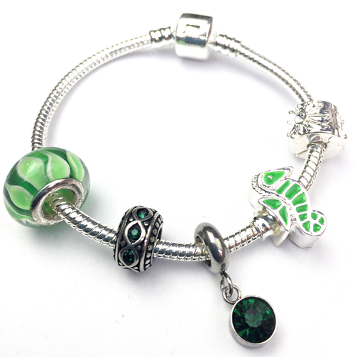 Children's 'May Birthstone' Emerald Coloured Crystal Silver Plated Charm Bead Bracelet