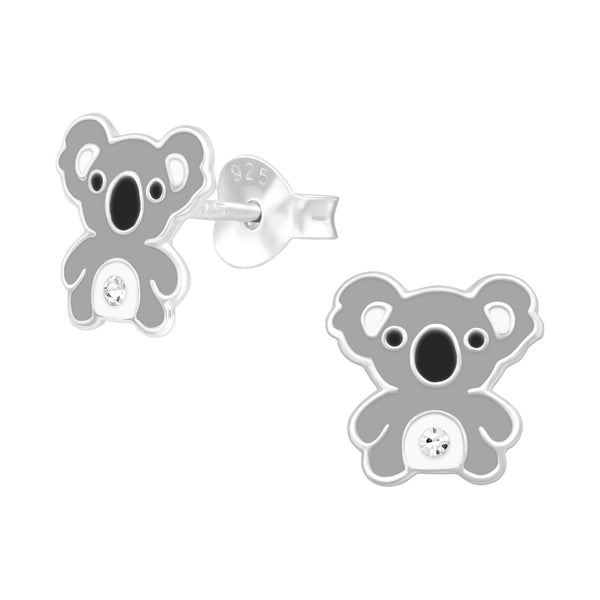 Children's Sterling Silver 'Cute Koala Bear with Crystal' Stud Earrings