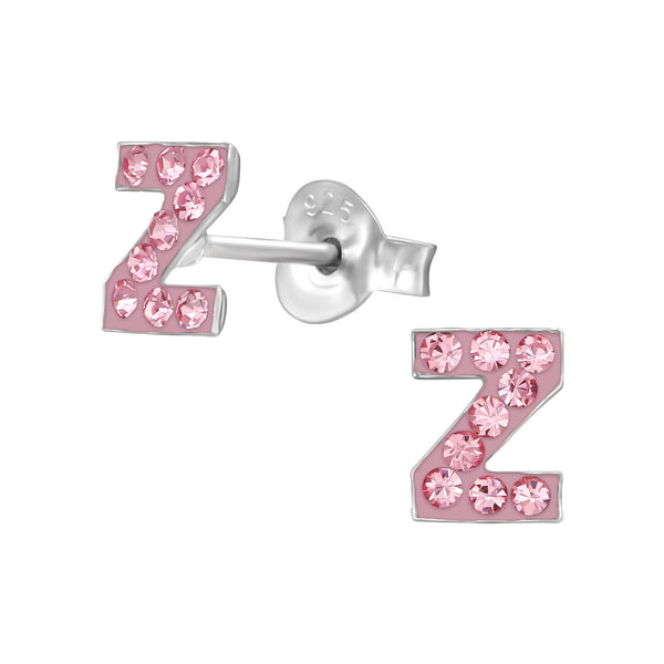 Children's Sterling Silver 'Letter Z' Pink Crystal Stud Earrings