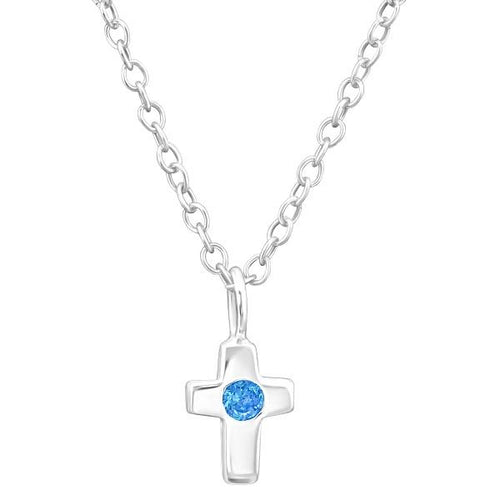 Children's Sterling Silver 'March Birthstone' Cross Necklace