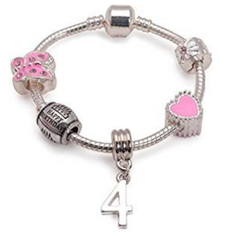 Children's Pink 'Happy 6th Birthday' Silver Plated Charm Bead Bracelet 6 11/16 / Silver