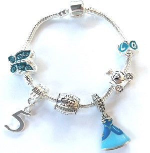 Blue Princess 5th Birthday Girl Gift - Silver Plated Charm Bracelet