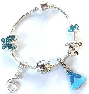 Blue Princess 6th Birthday Girls Gift - Silver Plated Charm Bracelet