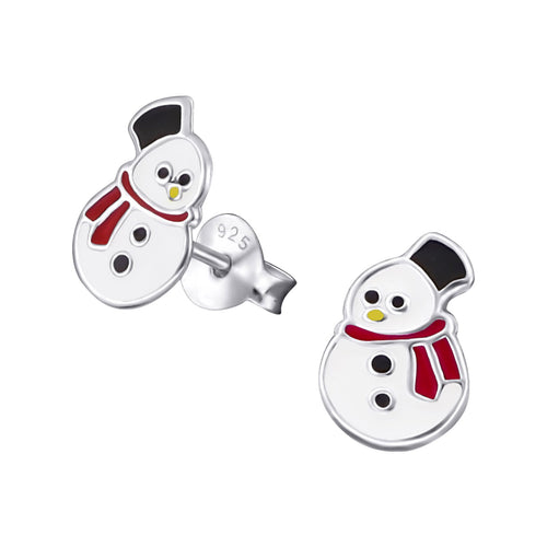 Children's Sterling Silver Christmas Snowman with Red Scarf Stud Earrings