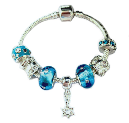 Teenager's 'September Birthstone' Sapphire Colored Crystal Silver Plated Charm Bead Bracelet