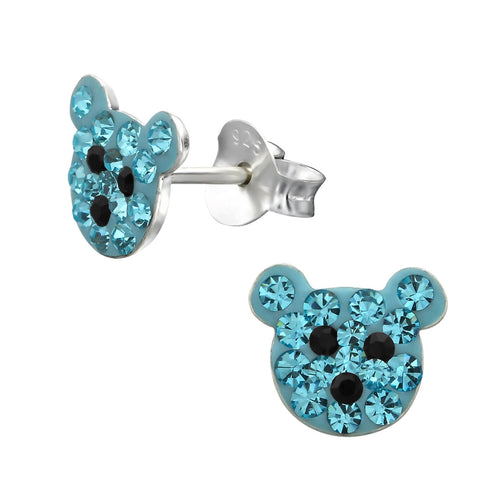 Children's Sterling Silver Blue Crystal Teddy Bear Stud Earrings