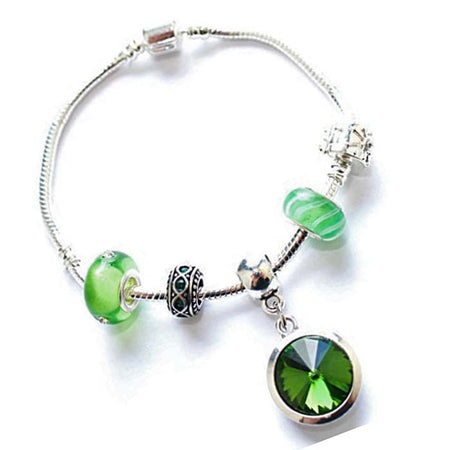Adult's 'August Birthstone' Peridot Colored Crystal Silver Plated Charm Bead Bracelet