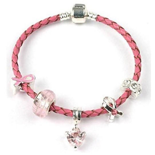 Pink 'Breast Cancer Awareness' Leather Charm Bead Bracelet With Silver Plated Clasp