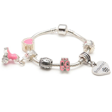 Adult's Bridesmaid 'Pink Me Up' Silver Plated Charm Bead Bracelet