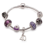 Age 40 'Purple Fleur' Silver Plated Charm Bead Bracelet
