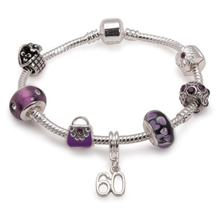 Age 40 'Purple Fleur' Silver Plated Charm Bead Bracelet