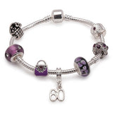 Age 60 'Purple Fleur' Silver Plated Charm Bead Bracelet