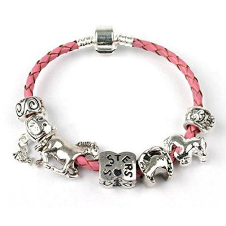 Children's Personalised Name 'Birthday Girl' Pink Leather Charm Bead Bracelet
