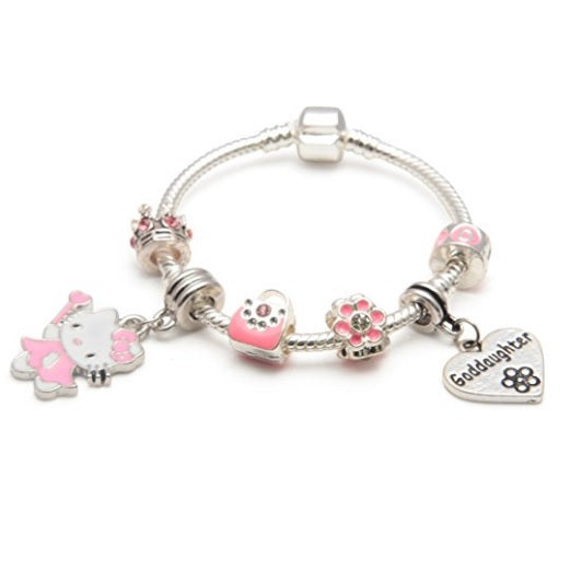 Goddaughter 'Pink Kitty Cat Glamour' Silver Plated Charm Bead Bracelet