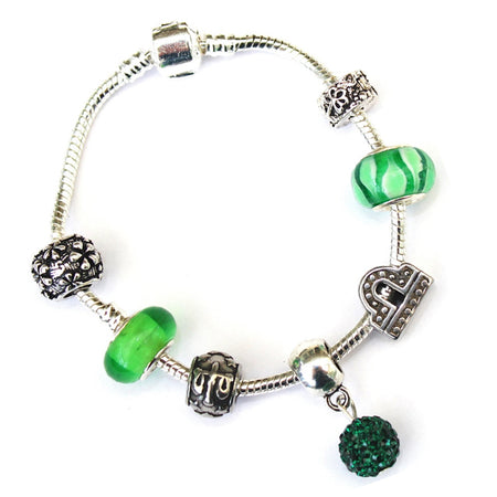 Teenager's 'May Birthstone' Emerald Colored Crystal Silver Plated Charm Bead Bracelet