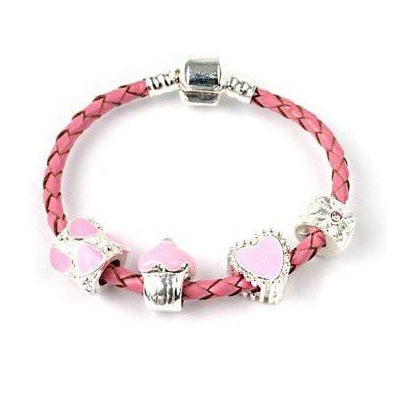 Children's Sis 'Pink Kitty Cat Glamour' Pink Braided Leather Charm Bead Bracelet by Liberty Charms 16cm / Silver