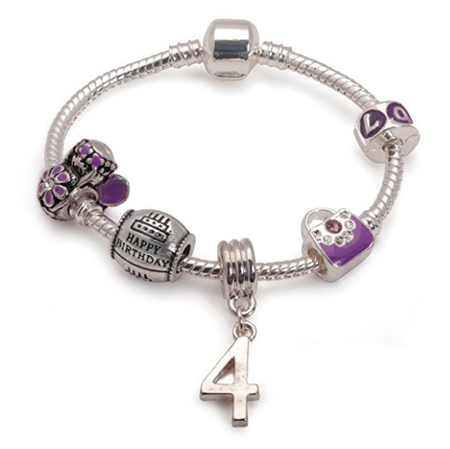 Children's Purple 'Happy 10th Birthday' Silver Plated Charm Bead Bracelet