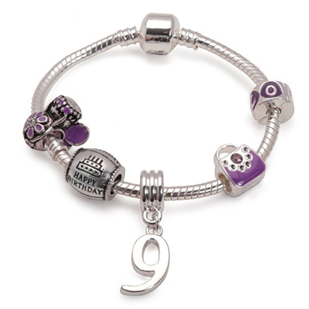 Children's Purple 'Happy 4th Birthday' Silver Plated Charm Bead Bracelet