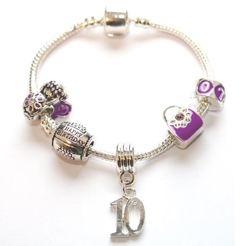 8th Purple Birthday Gift Bracelet For 8 Year Old Girls - Silver Plated