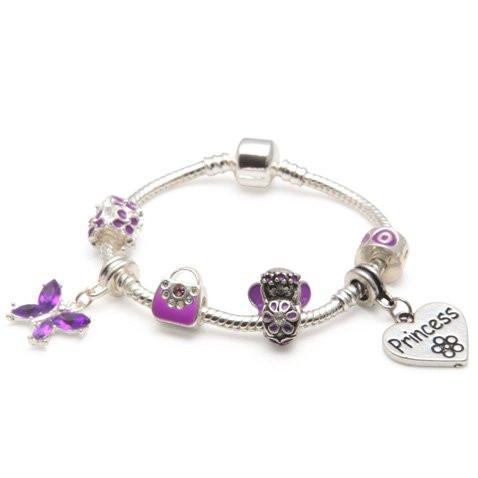Purple Rhinestone Silver Tone Tinkerbell Fairy Charm Bracelet 7 in