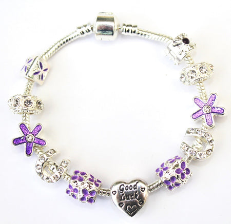 Adult's 'Pink Sparkle Good Luck Horseshoe' Silver Plated Charm Bracelet