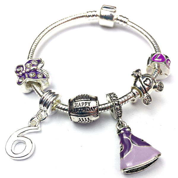Children's 'Purple Princess 6th Birthday' Silver Plated Charm Bead Bracelet