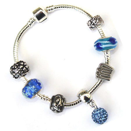 Teenager's 'December Birthstone' Turquoise Colored Crystal Silver Plated Charm Bead Bracelet