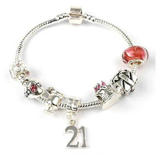 silver and pink princess jewellery, princess bracelet, 21st birthday gifts girl and charm bracelet gifts for 21 year in a pouch